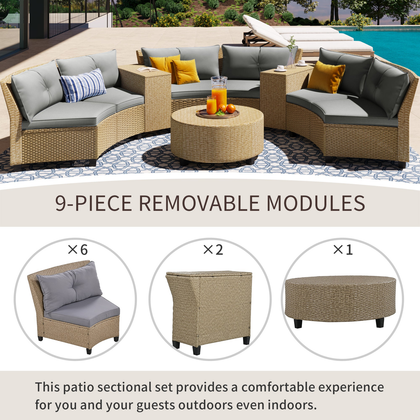 6 - Person Fan-shaped Rattan Suit Combination with Cushions and Table,Suitable for Garden