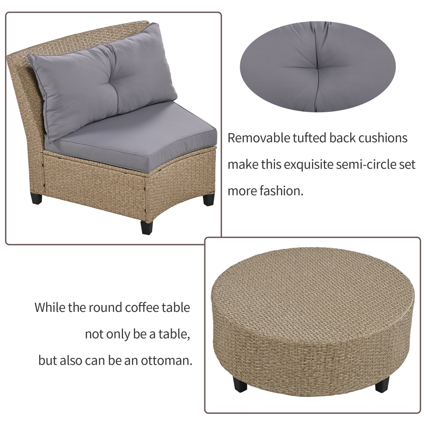 6 - Person Fan-shaped Rattan Suit Combination with Cushions and Table,Suitable for Garden