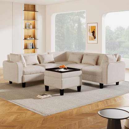 87" Modern Sectional Sofa with coffee table,6-Seat Couch Set with Storage Ottoman,Various Combinations,L-Shape Indoor Furniture with Unique Armrests for Living Room,Apartment, 2 Colors(6 pillows)