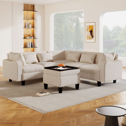 87" Modern Sectional Sofa with coffee table,6-Seat Couch Set with Storage Ottoman,Various Combinations,L-Shape Indoor Furniture with Unique Armrests for Living Room,Apartment, 2 Colors(6 pillows)