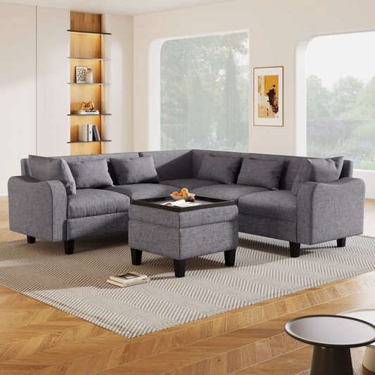 87" Modern Sectional Sofa with coffee table,6-Seat Couch Set with Storage Ottoman,Various Combinations,L-Shape Indoor Furniture with Unique Armrests for Living Room,Apartment, 2 Colors(6 pillows)