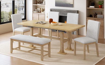Farmhouse 76inch 6-Piece Extendable Dining Table Set Trestle Kitchen Table Set with 18inch Removable Leaf and Upholstered Dining Chair and Bench for Dining Room, Natural