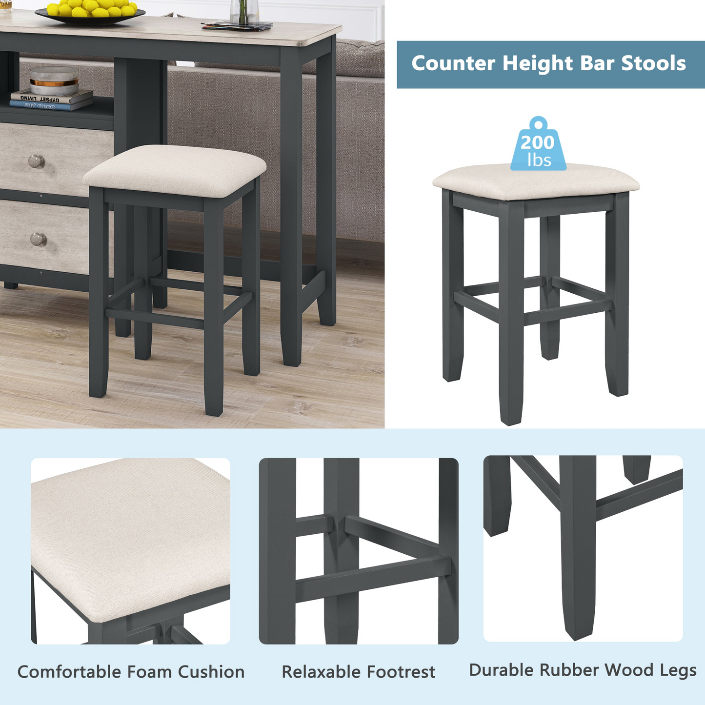 Farmhouse Rustic 3-piece Counter Height Wood Dining Table Set with Cabinet,2 Storage Drawers and 2 Stools for Small Places, Gray and Distressed Light Gray