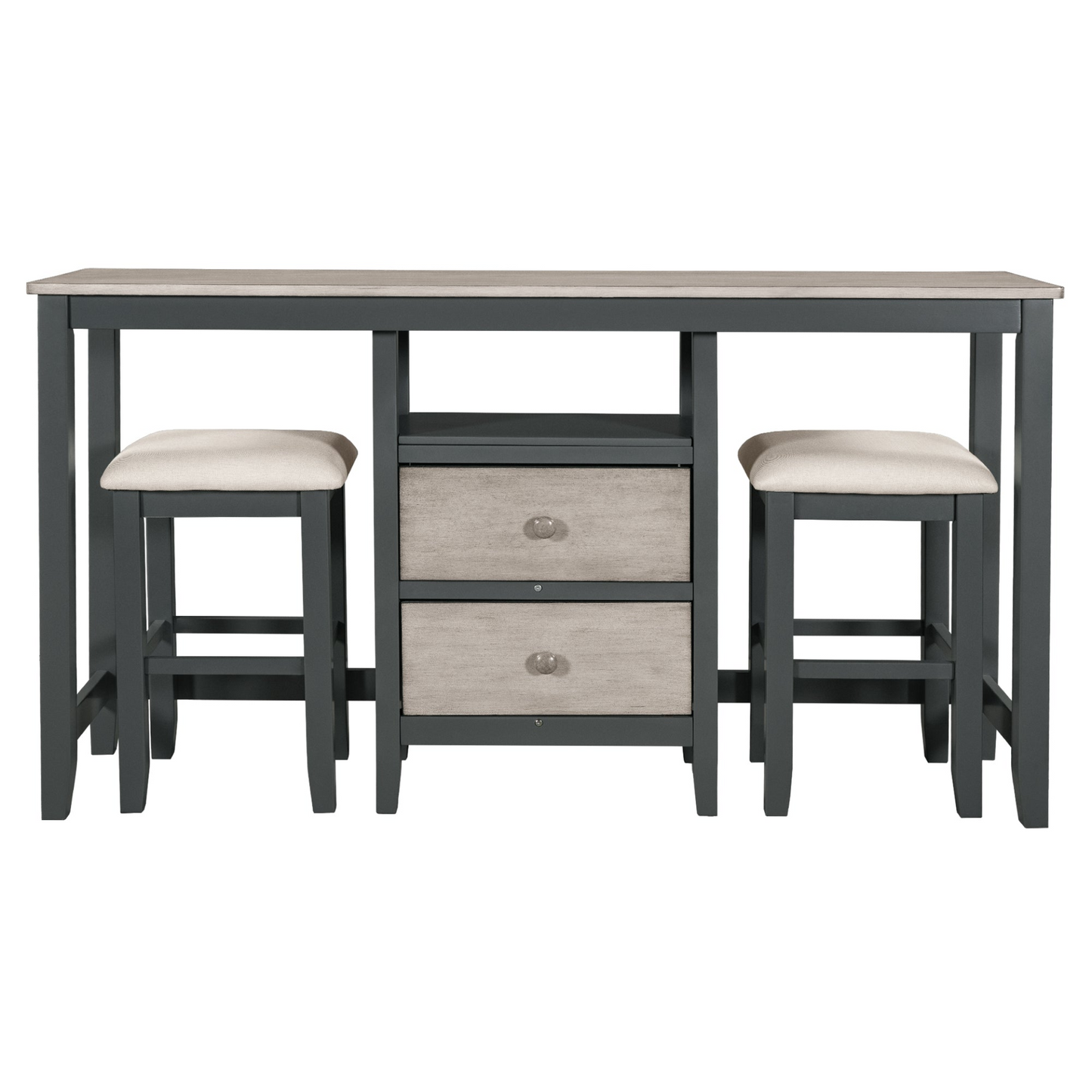 Farmhouse Rustic 3-piece Counter Height Wood Dining Table Set with Cabinet,2 Storage Drawers and 2 Stools for Small Places, Gray and Distressed Light Gray