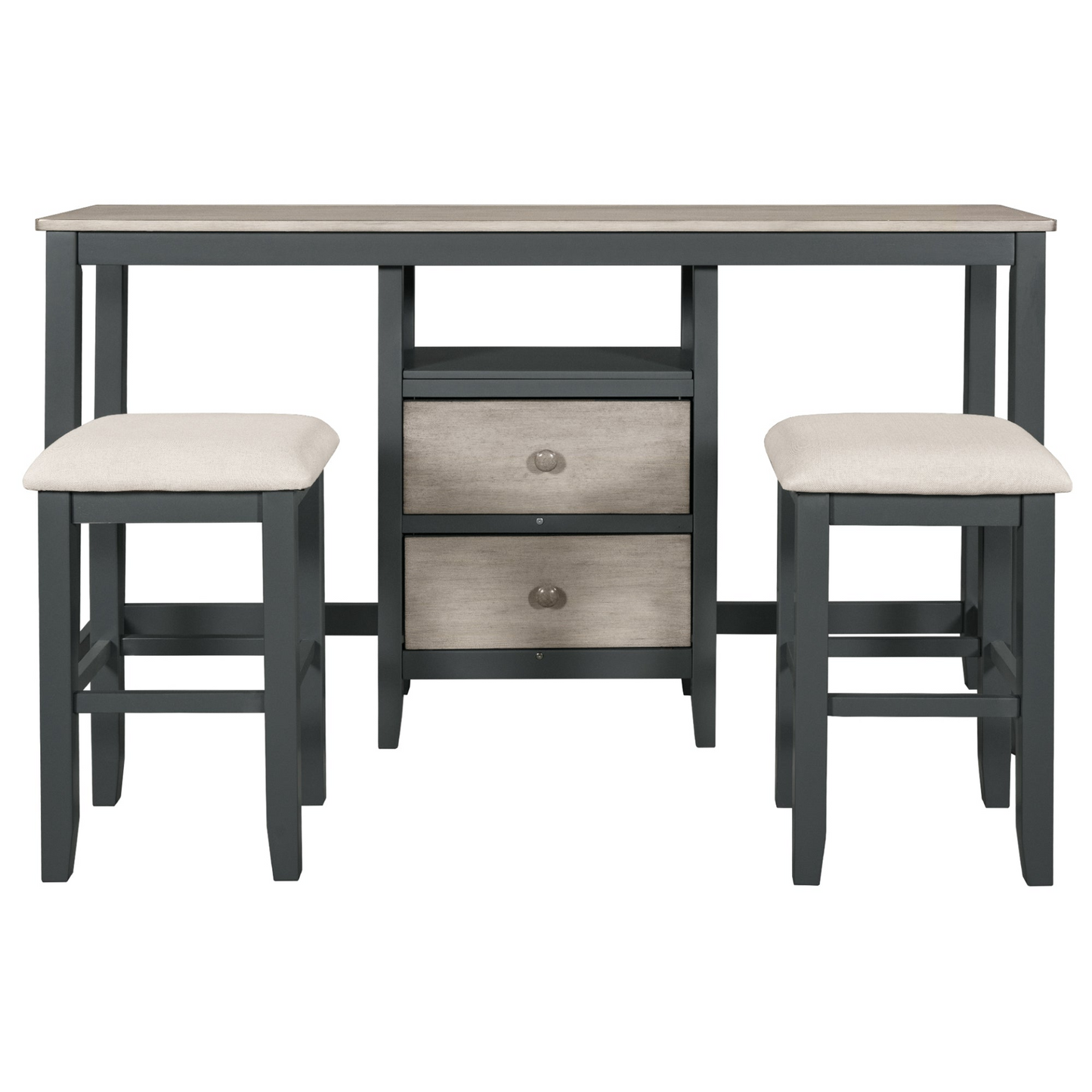 Farmhouse Rustic 3-piece Counter Height Wood Dining Table Set with Cabinet,2 Storage Drawers and 2 Stools for Small Places, Gray and Distressed Light Gray