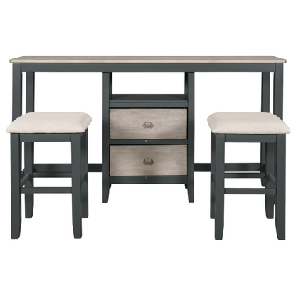 Farmhouse Rustic 3-piece Counter Height Wood Dining Table Set with Cabinet,2 Storage Drawers and 2 Stools for Small Places, Gray and Distressed Light Gray