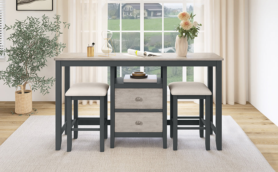 Farmhouse Rustic 3-piece Counter Height Wood Dining Table Set with Cabinet,2 Storage Drawers and 2 Stools for Small Places, Gray and Distressed Light Gray