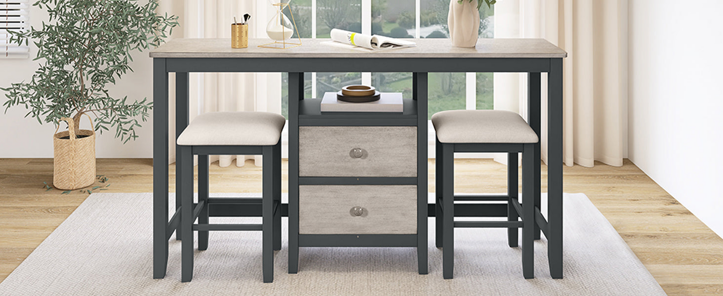 Farmhouse Rustic 3-piece Counter Height Wood Dining Table Set with Cabinet,2 Storage Drawers and 2 Stools for Small Places, Gray and Distressed Light Gray