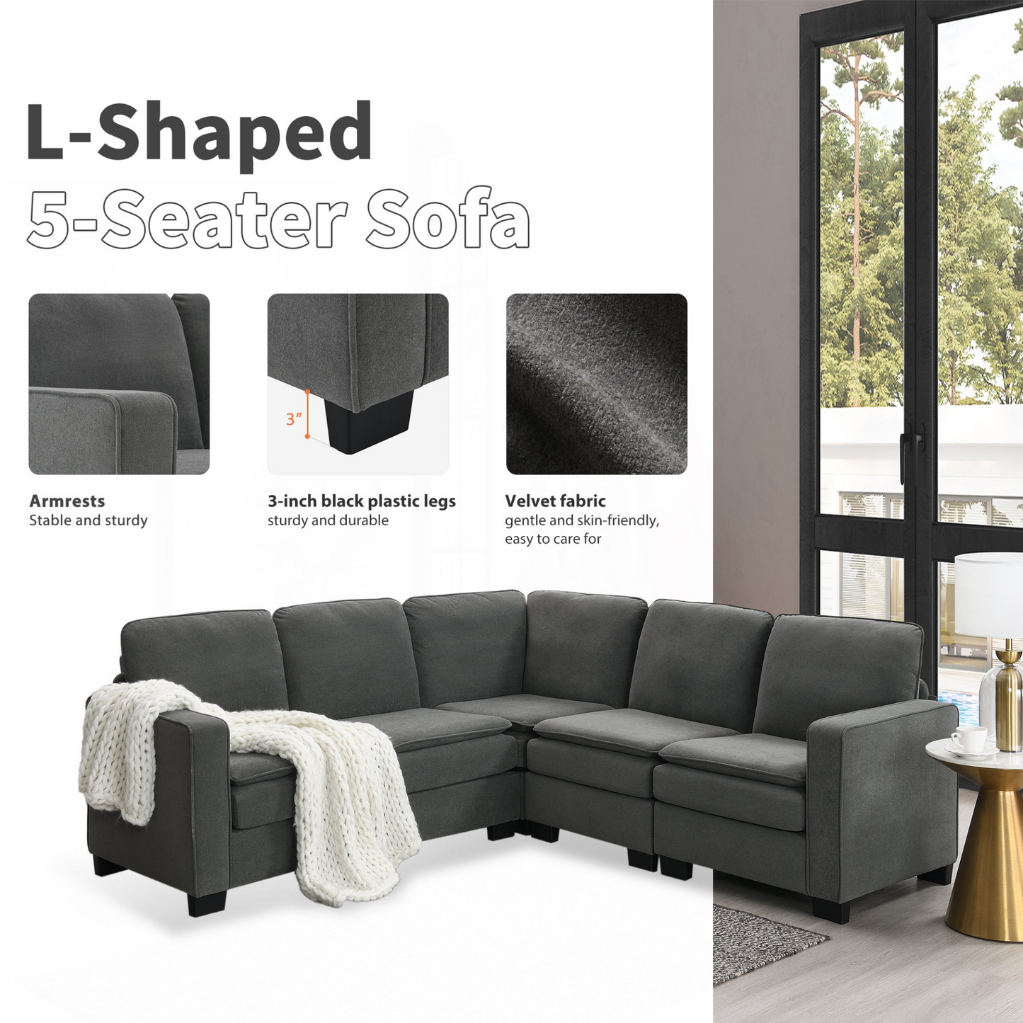 89*89" Oversized Velvet Modern Sectional Sofa,Large L Shaped Upholstered Indoor Furniture with Double Cushions,5 seat Cloud Corner Couch for Living Room,Apartment,Office,2 Colors
