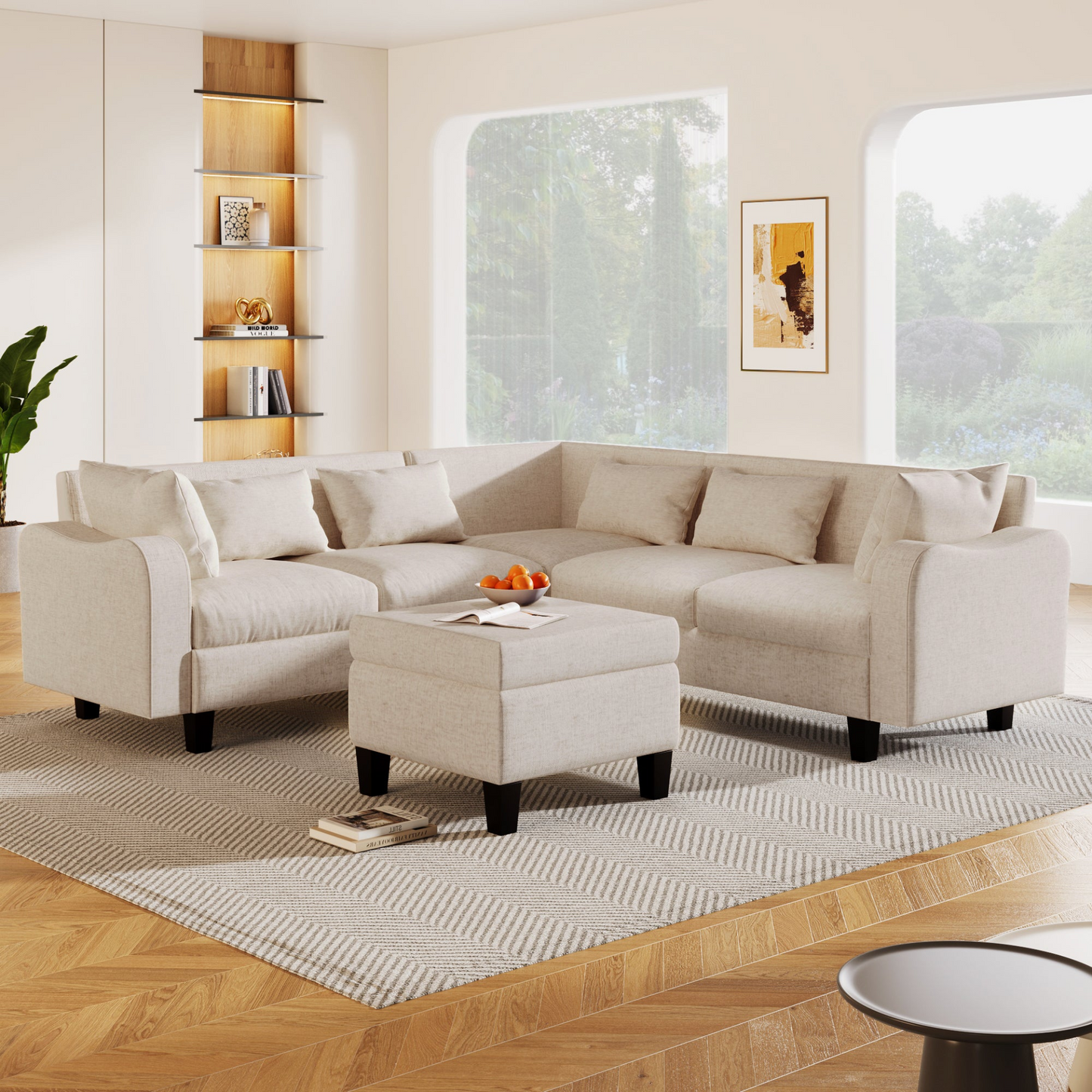 87" Modern Sectional Sofa with coffee table,6-Seat Couch Set with Storage Ottoman,Various Combinations,L-Shape Indoor Furniture with Unique Armrests for Living Room,Apartment, 2 Colors(6 pillows)
