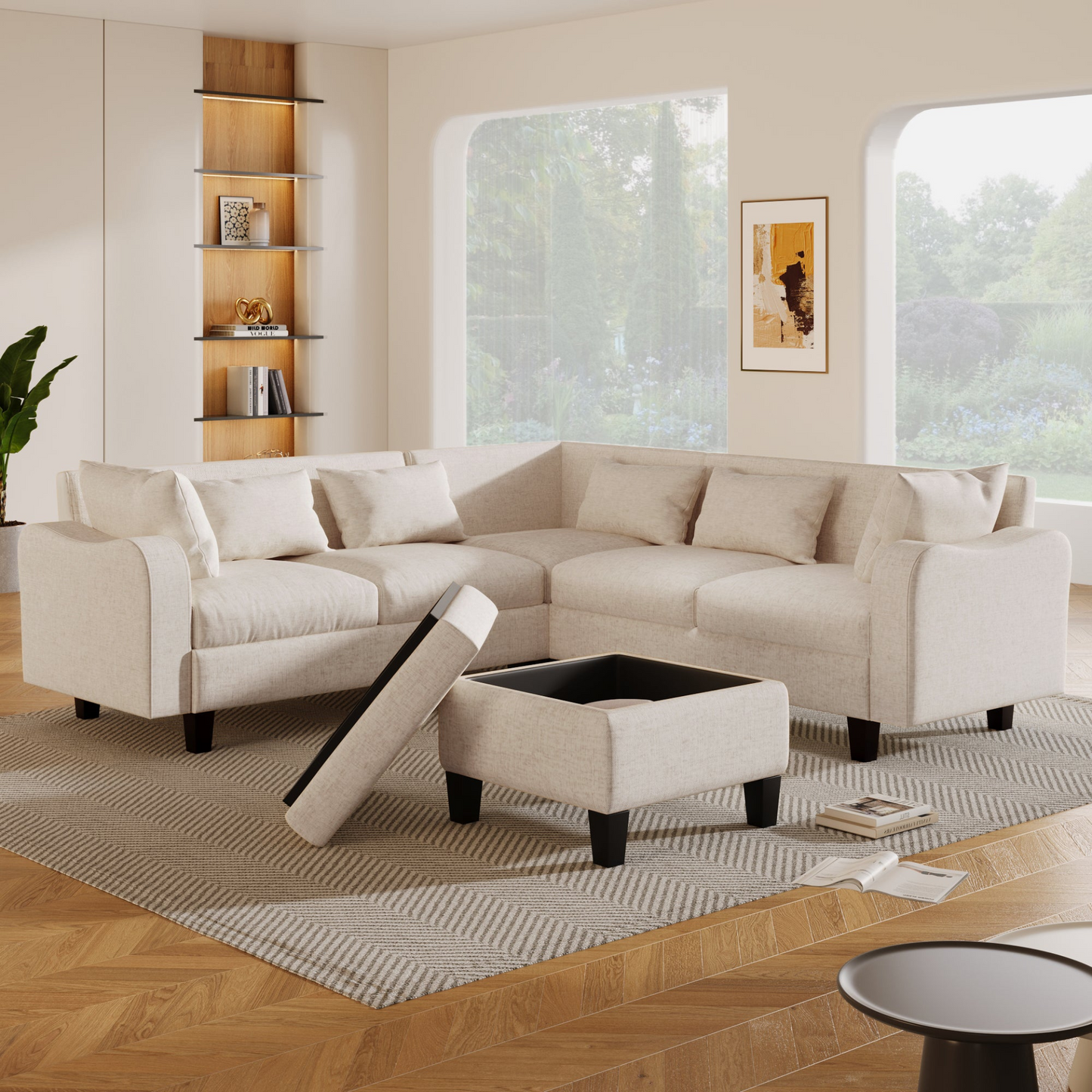 87" Modern Sectional Sofa with coffee table,6-Seat Couch Set with Storage Ottoman,Various Combinations,L-Shape Indoor Furniture with Unique Armrests for Living Room,Apartment, 2 Colors(6 pillows)