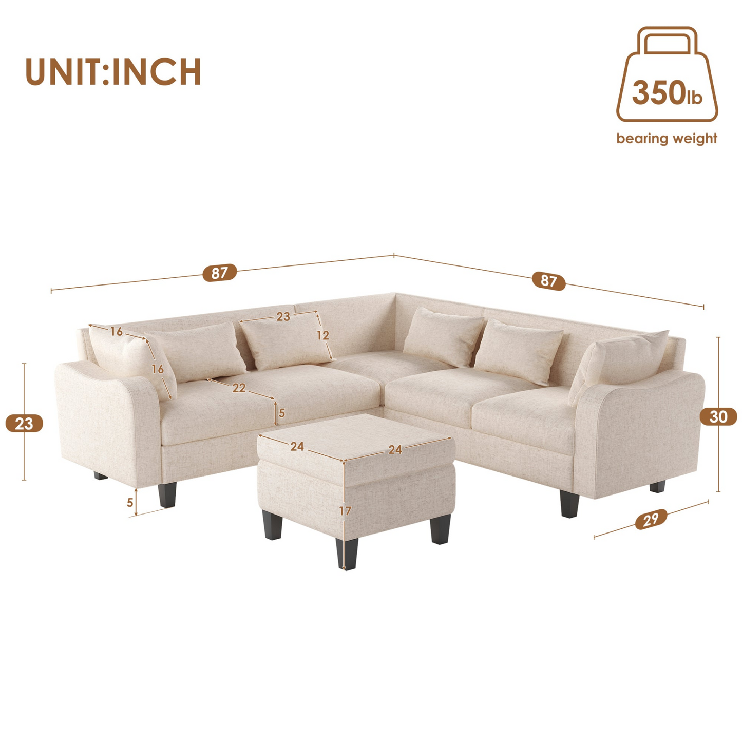 87" Modern Sectional Sofa with coffee table,6-Seat Couch Set with Storage Ottoman,Various Combinations,L-Shape Indoor Furniture with Unique Armrests for Living Room,Apartment, 2 Colors(6 pillows)