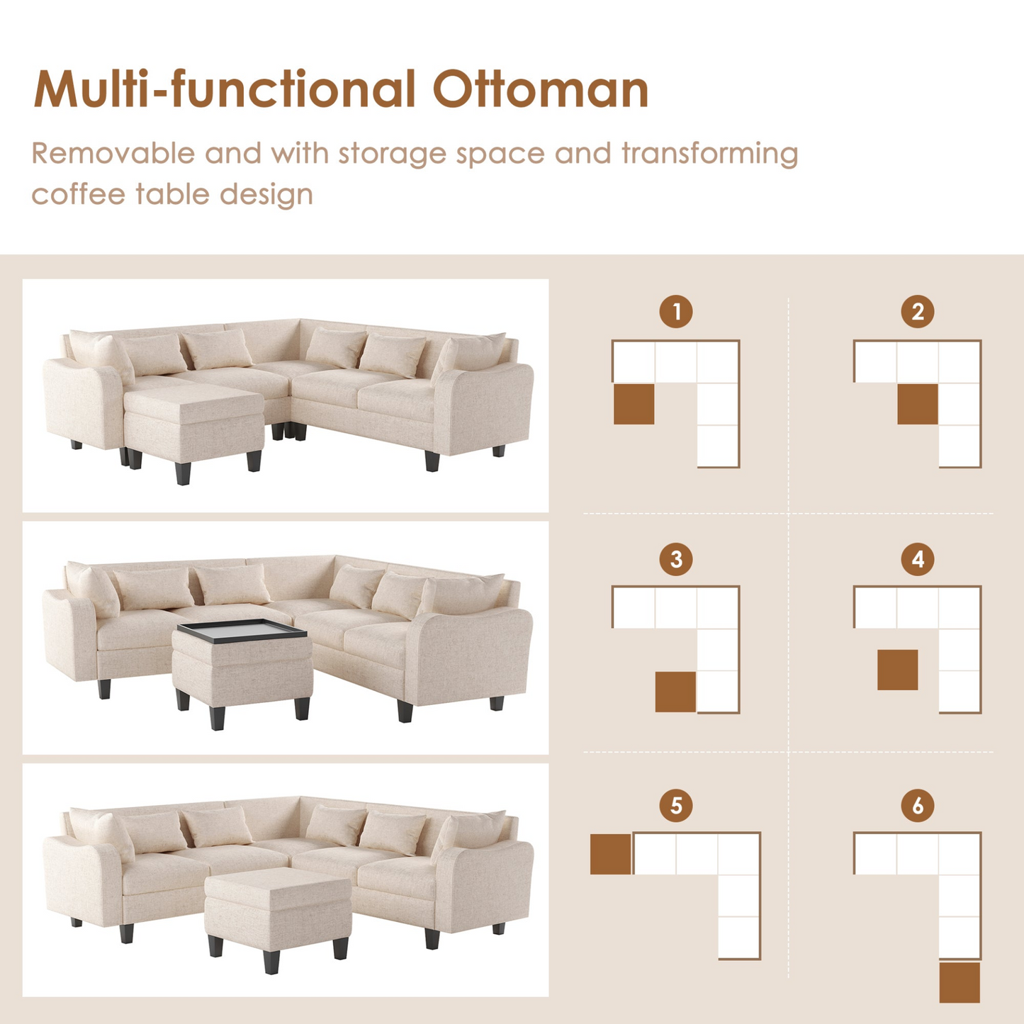 87" Modern Sectional Sofa with coffee table,6-Seat Couch Set with Storage Ottoman,Various Combinations,L-Shape Indoor Furniture with Unique Armrests for Living Room,Apartment, 2 Colors(6 pillows)