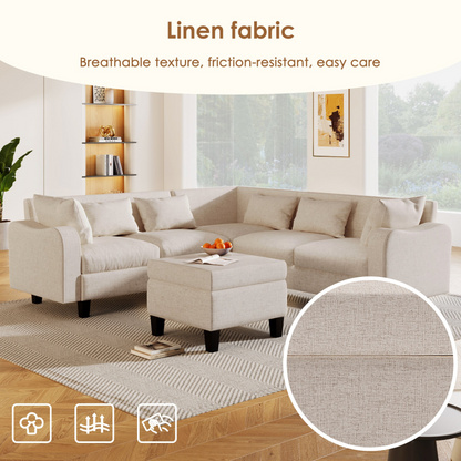 87" Modern Sectional Sofa with coffee table,6-Seat Couch Set with Storage Ottoman,Various Combinations,L-Shape Indoor Furniture with Unique Armrests for Living Room,Apartment, 2 Colors(6 pillows)