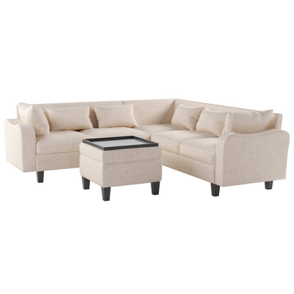 87" Modern Sectional Sofa with coffee table,6-Seat Couch Set with Storage Ottoman,Various Combinations,L-Shape Indoor Furniture with Unique Armrests for Living Room,Apartment, 2 Colors(6 pillows)
