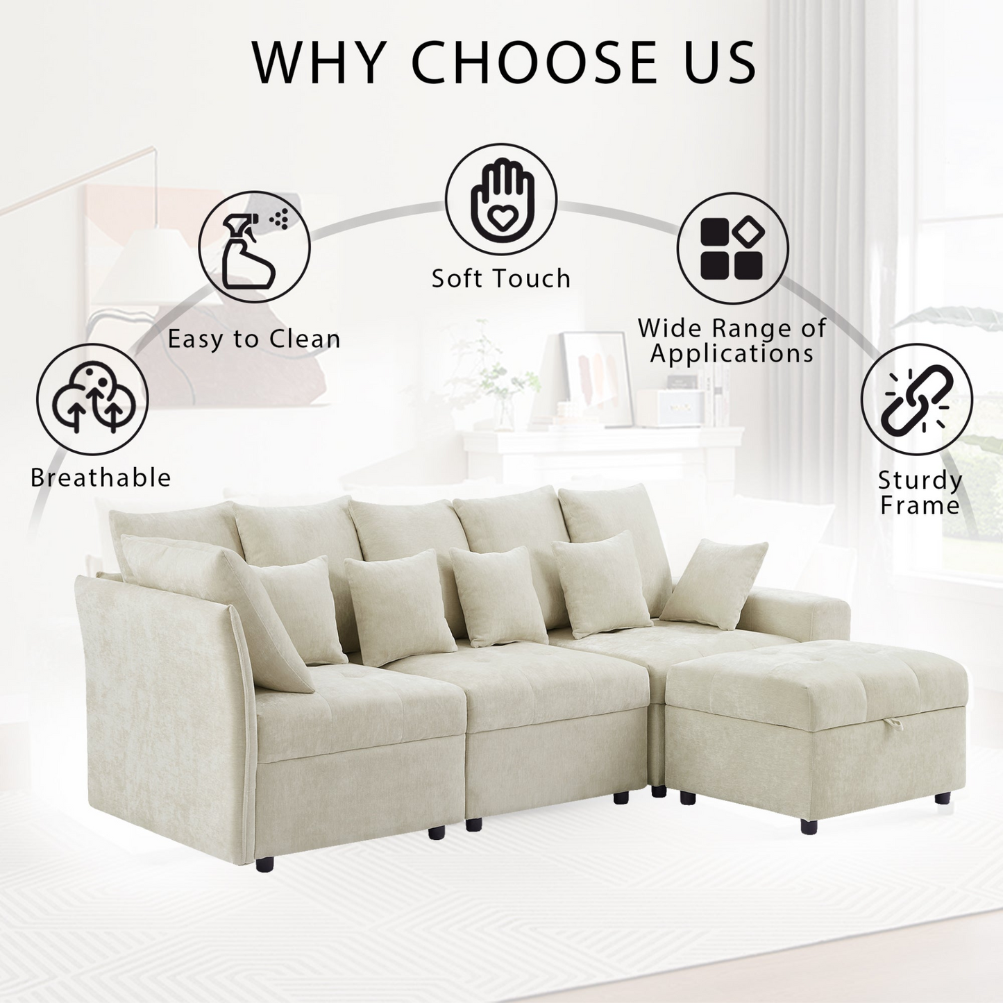 96.45"Sectional sofa Modular Sofa Couch with Three USB Ports, a Removable Storage Ottoman and Five Back Pillows for Living Room, Beige