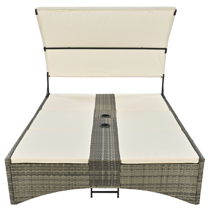 Patio Daybed Outdoor Daybed Outdoor Rattan Sun Lounger with Shelter Roof with Adjustable Backrest, Storage Box and 2 Cup Holders for Patio, Balcony, Poolside,Cream