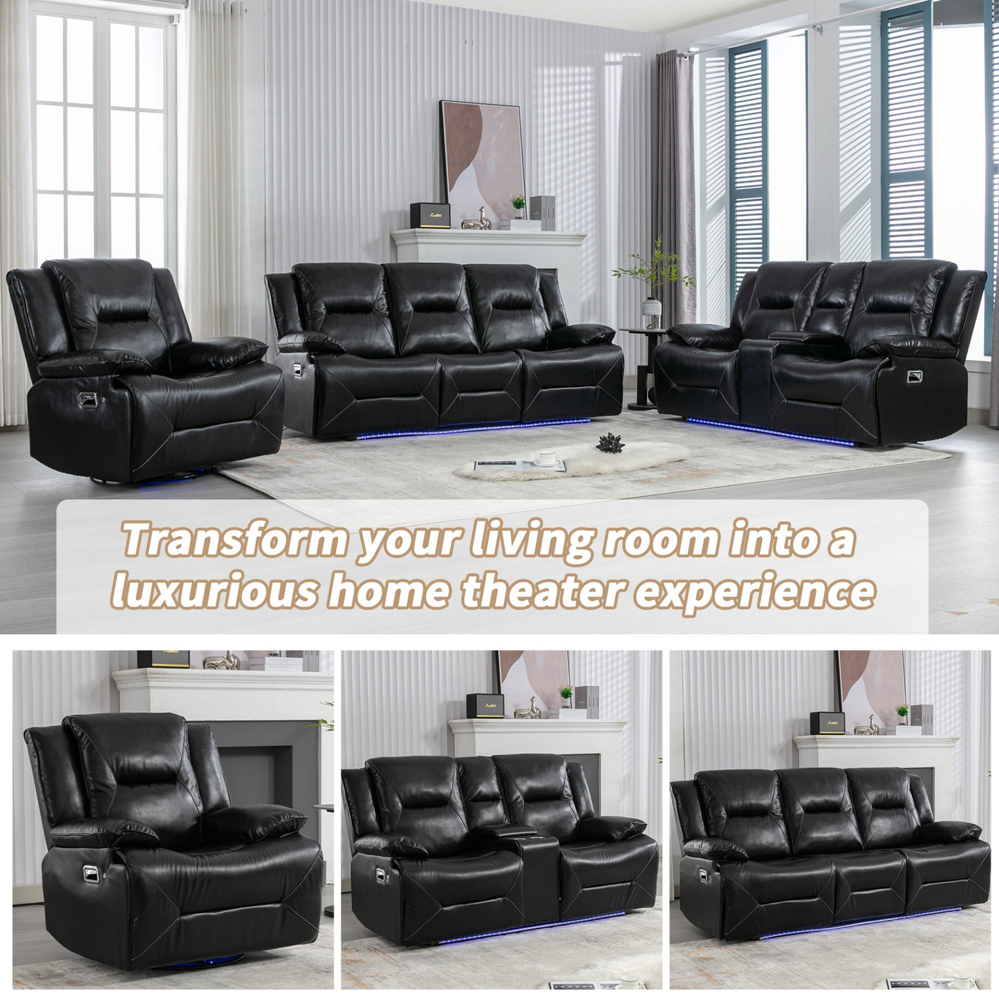 Home Theater Recliner Set Manual Recliner Chair with a LED Light Strip Two Built-in Cup Holders for Living Room,Bedroom, Black ,