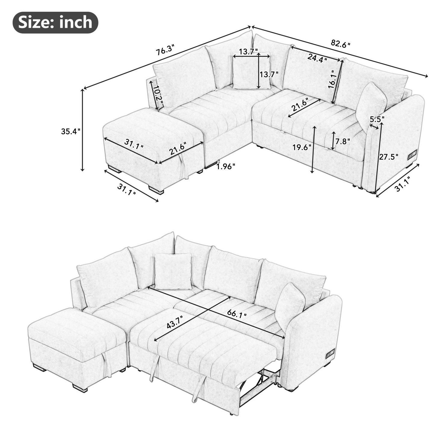 82.6" L-shaped Sectional Pull Out Sofa Bed Sleeper Sofa with Two USB Ports, Two Power Sockets and a Movable Storage Ottoman, Gray