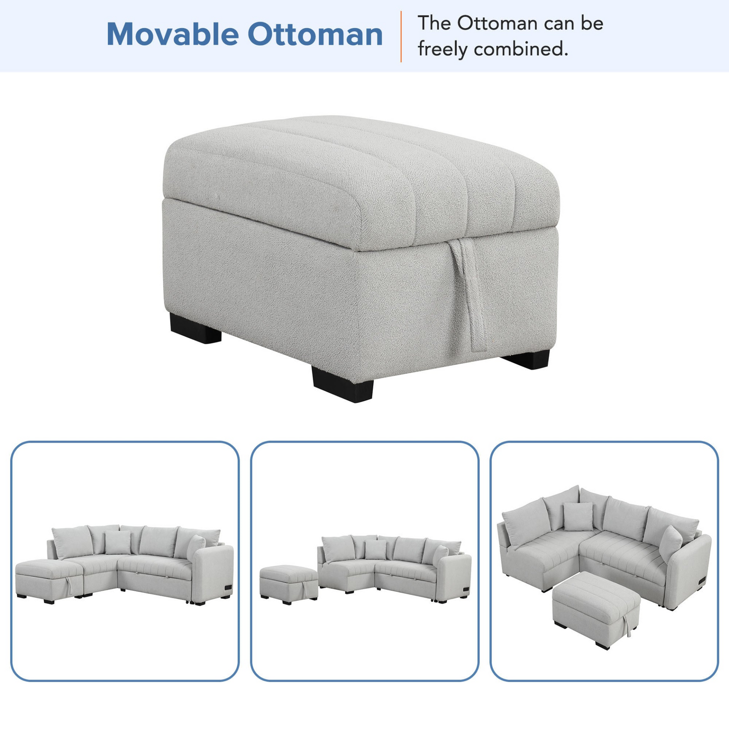 82.6" L-shaped Sectional Pull Out Sofa Bed Sleeper Sofa with Two USB Ports, Two Power Sockets and a Movable Storage Ottoman, Gray