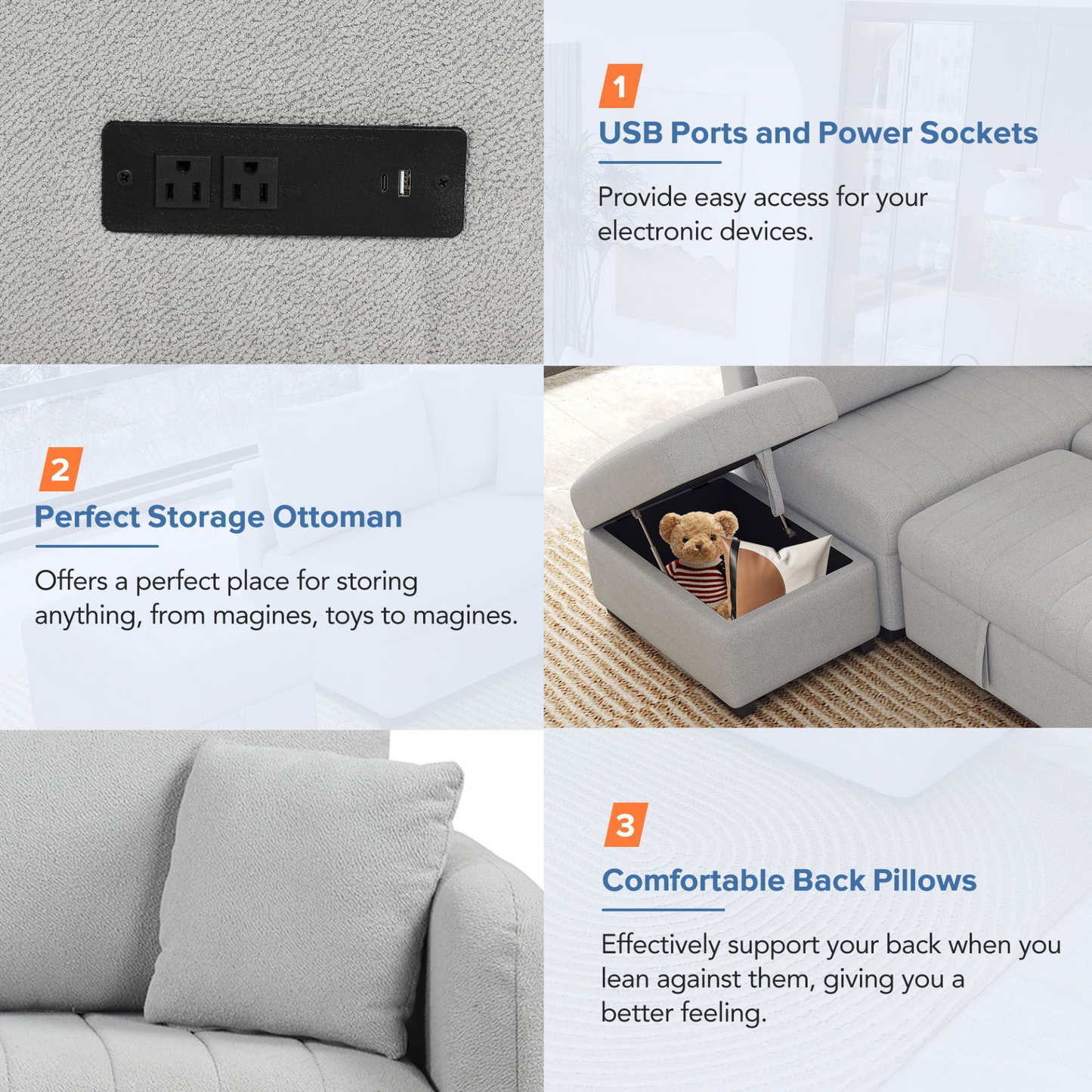 82.6" L-shaped Sectional Pull Out Sofa Bed Sleeper Sofa with Two USB Ports, Two Power Sockets and a Movable Storage Ottoman, Gray