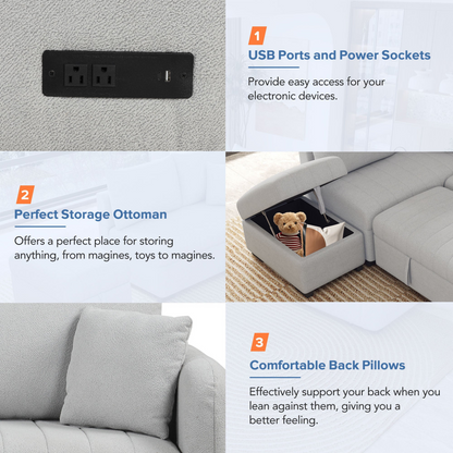 82.6" L-shaped Sectional Pull Out Sofa Bed Sleeper Sofa with Two USB Ports, Two Power Sockets and a Movable Storage Ottoman, Gray