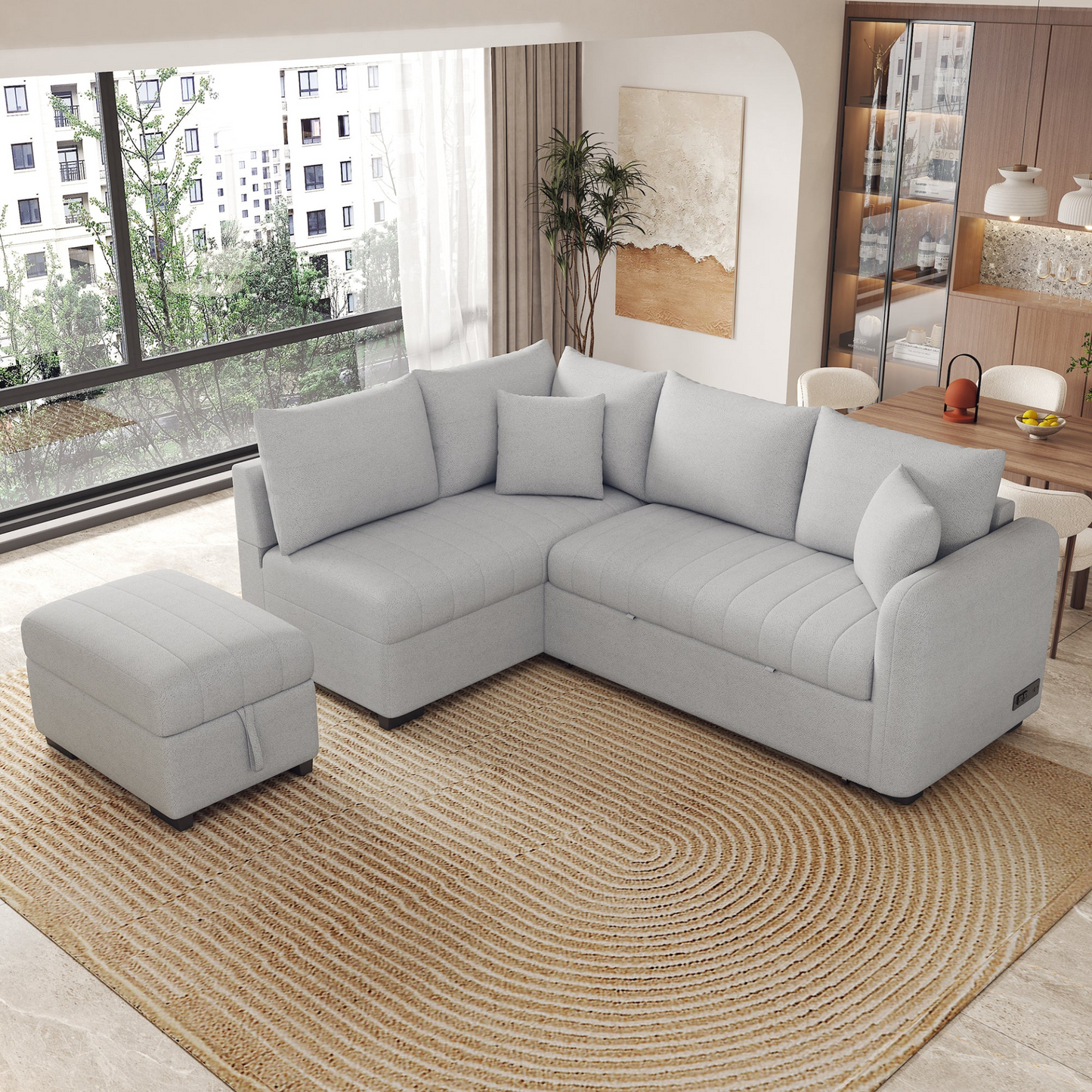 82.6" L-shaped Sectional Pull Out Sofa Bed Sleeper Sofa with Two USB Ports, Two Power Sockets and a Movable Storage Ottoman, Gray