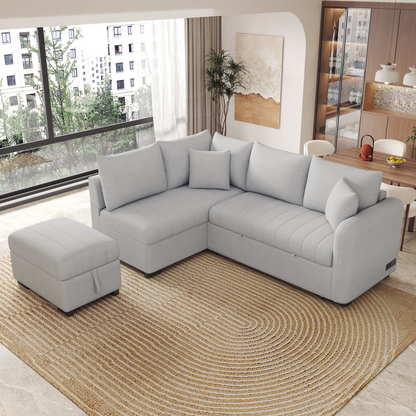 82.6" L-shaped Sectional Pull Out Sofa Bed Sleeper Sofa with Two USB Ports, Two Power Sockets and a Movable Storage Ottoman, Gray