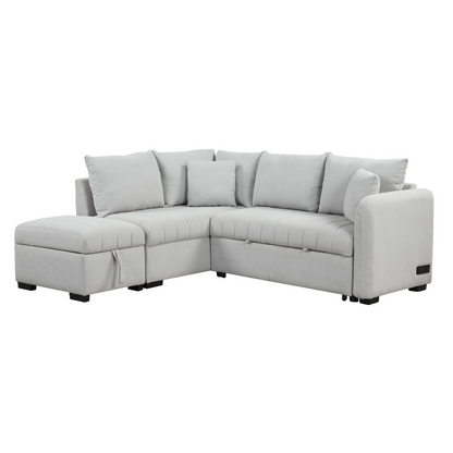 82.6" L-shaped Sectional Pull Out Sofa Bed Sleeper Sofa with Two USB Ports, Two Power Sockets and a Movable Storage Ottoman, Gray