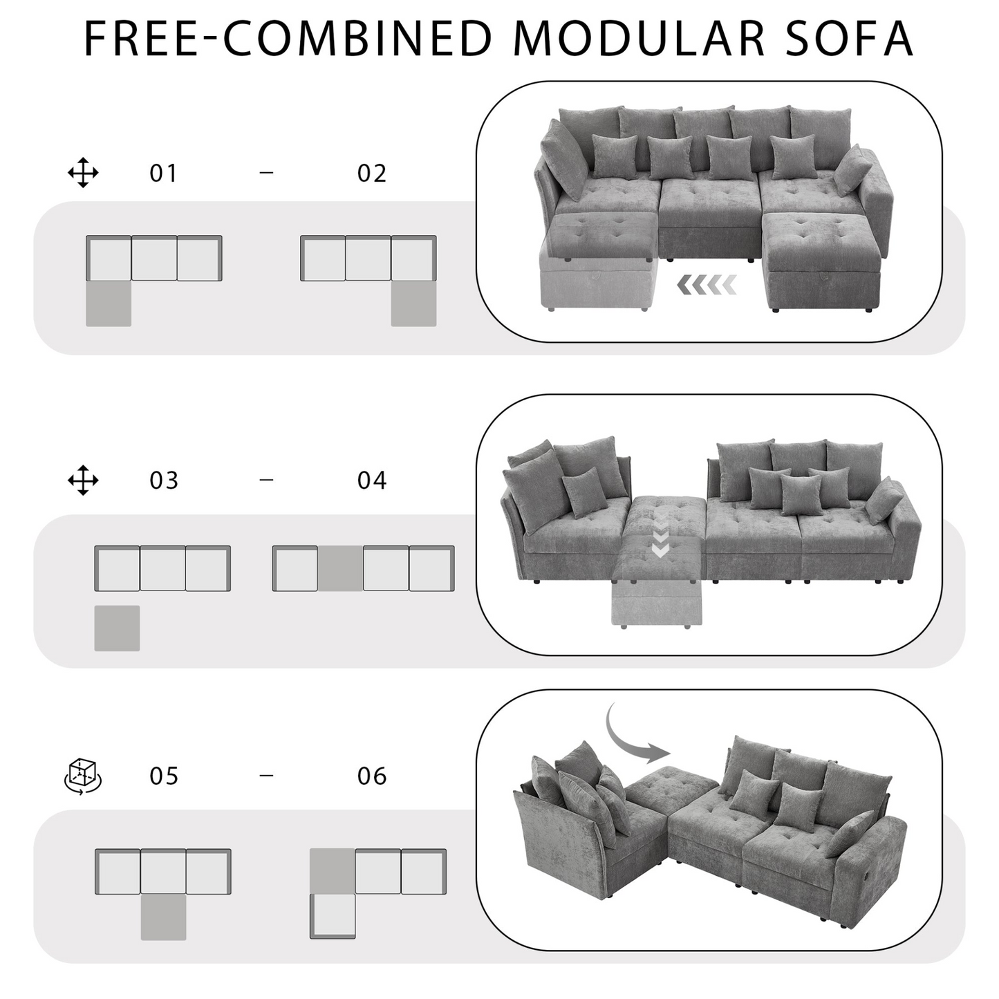 96.45"Sectional sofa Modular Sofa Couch with Three USB Ports, a Removable Storage Ottoman and Five Back Pillows for Living Room, Grey