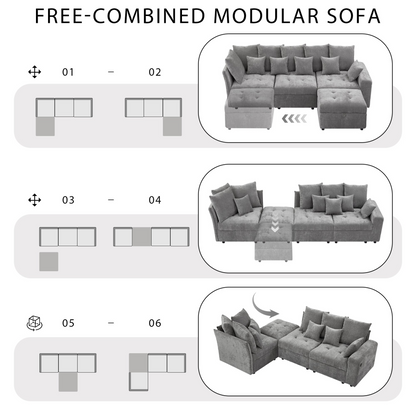 96.45"Sectional sofa Modular Sofa Couch with Three USB Ports, a Removable Storage Ottoman and Five Back Pillows for Living Room, Grey