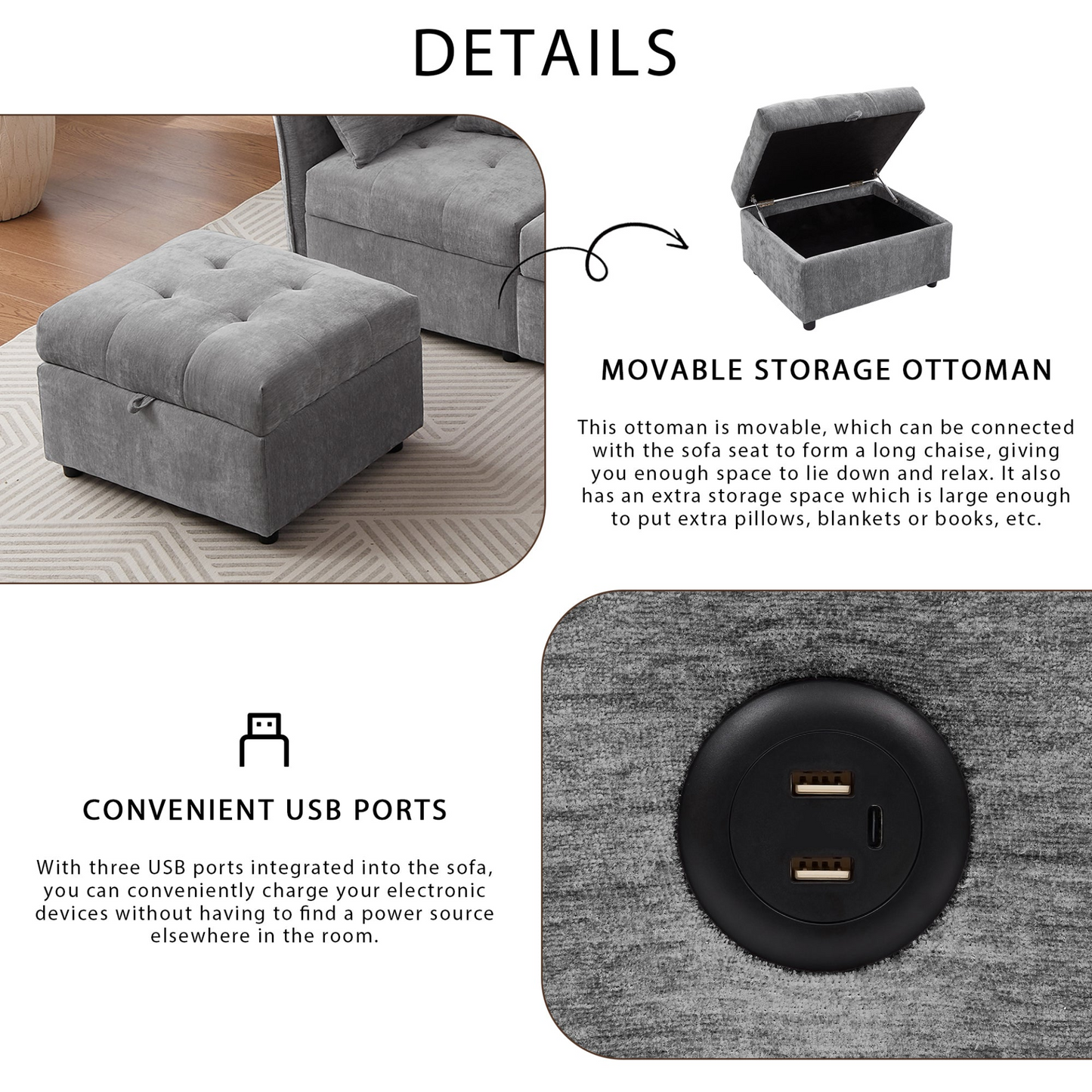 96.45"Sectional sofa Modular Sofa Couch with Three USB Ports, a Removable Storage Ottoman and Five Back Pillows for Living Room, Grey