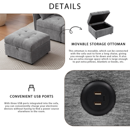 96.45"Sectional sofa Modular Sofa Couch with Three USB Ports, a Removable Storage Ottoman and Five Back Pillows for Living Room, Grey