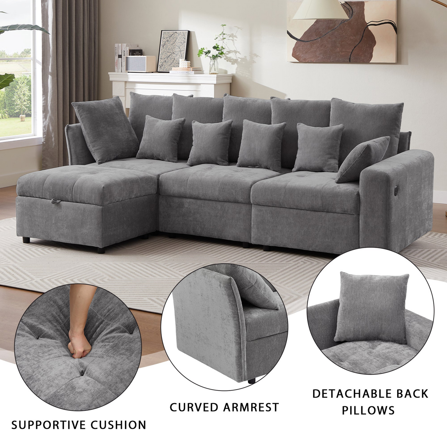 96.45"Sectional sofa Modular Sofa Couch with Three USB Ports, a Removable Storage Ottoman and Five Back Pillows for Living Room, Grey
