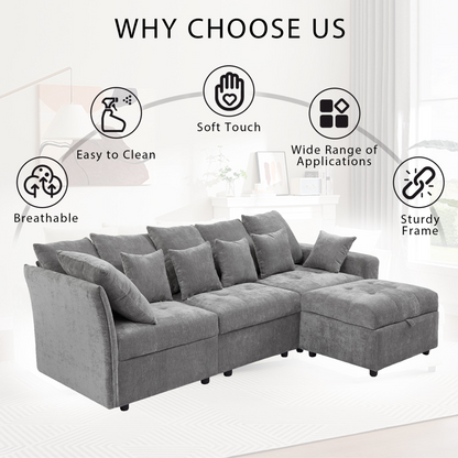 96.45"Sectional sofa Modular Sofa Couch with Three USB Ports, a Removable Storage Ottoman and Five Back Pillows for Living Room, Grey