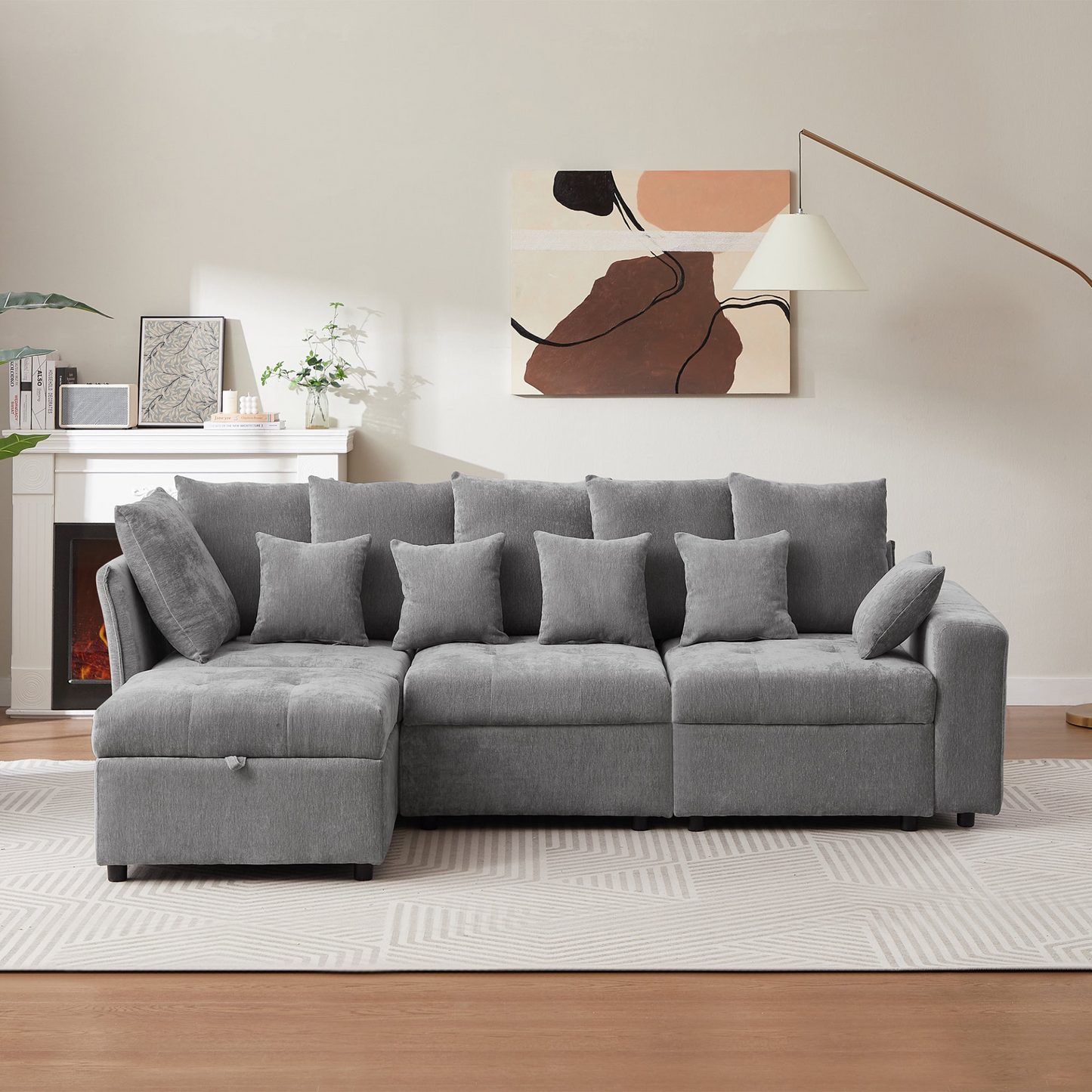 96.45"Sectional sofa Modular Sofa Couch with Three USB Ports, a Removable Storage Ottoman and Five Back Pillows for Living Room, Grey