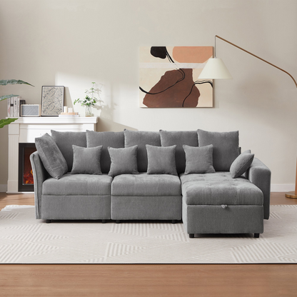 96.45"Sectional sofa Modular Sofa Couch with Three USB Ports, a Removable Storage Ottoman and Five Back Pillows for Living Room, Grey