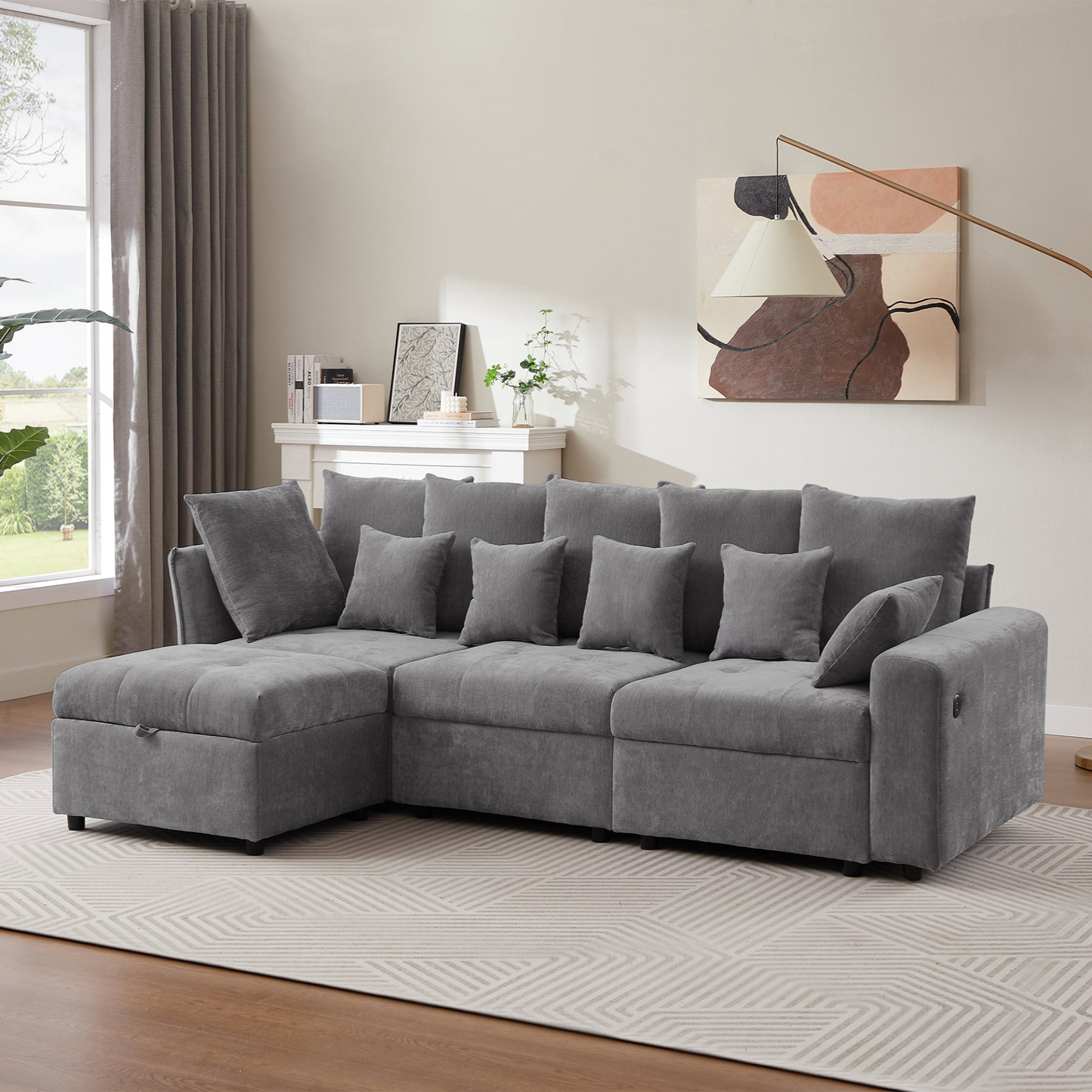 96.45"Sectional sofa Modular Sofa Couch with Three USB Ports, a Removable Storage Ottoman and Five Back Pillows for Living Room, Grey
