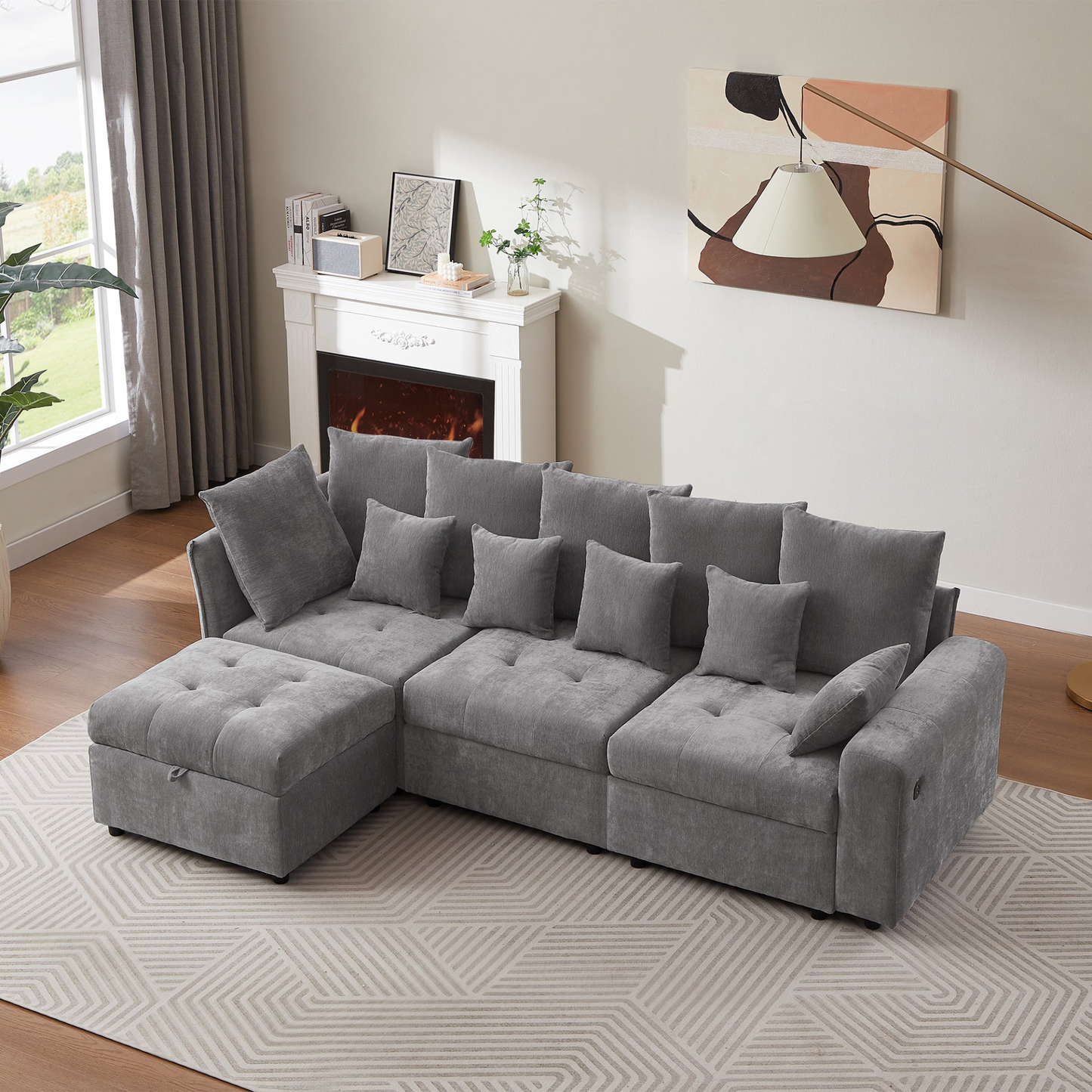 96.45"Sectional sofa Modular Sofa Couch with Three USB Ports, a Removable Storage Ottoman and Five Back Pillows for Living Room, Grey