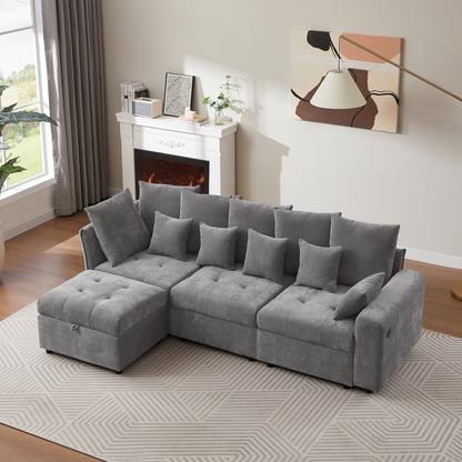 96.45"Sectional sofa Modular Sofa Couch with Three USB Ports, a Removable Storage Ottoman and Five Back Pillows for Living Room, Grey