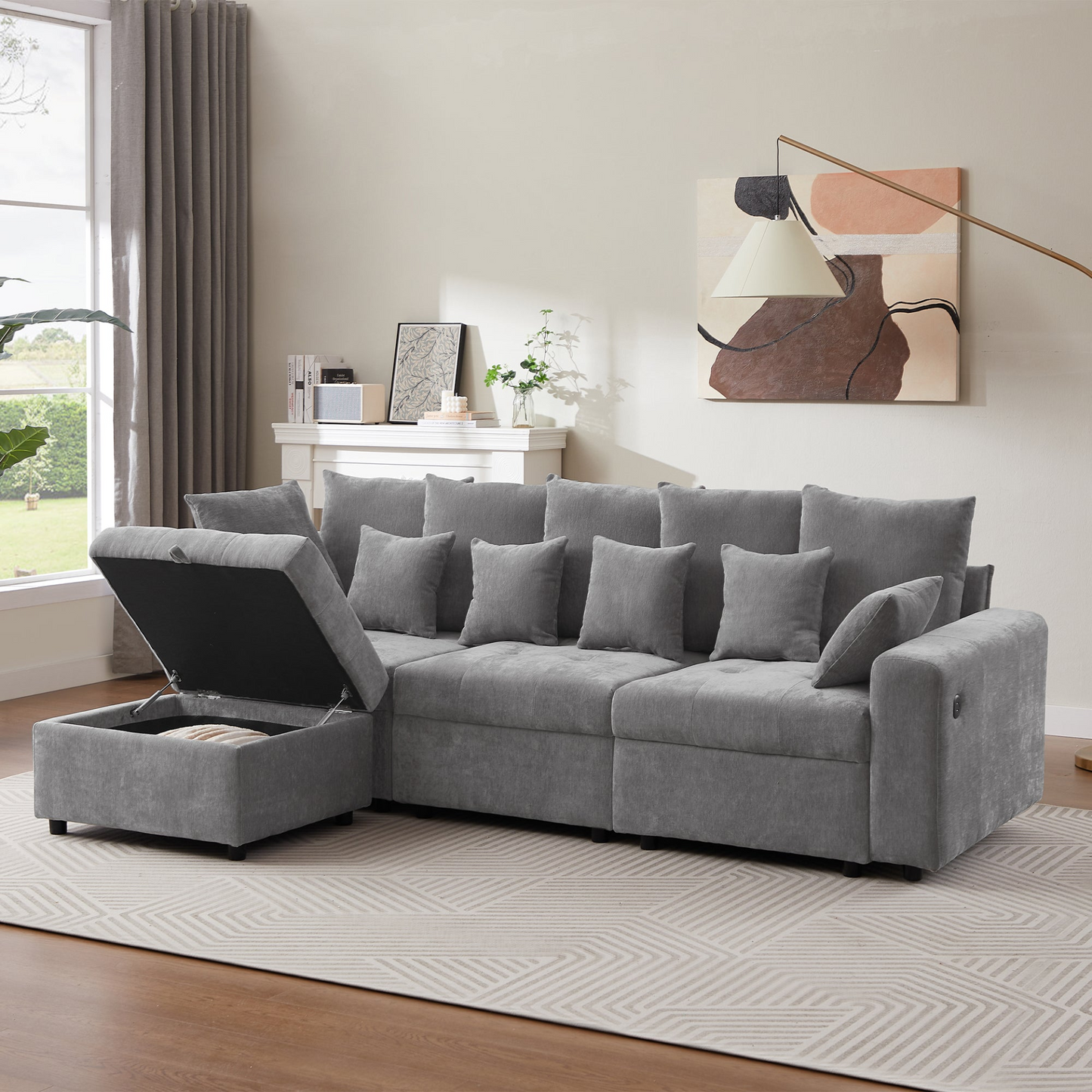 96.45"Sectional sofa Modular Sofa Couch with Three USB Ports, a Removable Storage Ottoman and Five Back Pillows for Living Room, Grey
