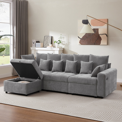 96.45"Sectional sofa Modular Sofa Couch with Three USB Ports, a Removable Storage Ottoman and Five Back Pillows for Living Room, Grey