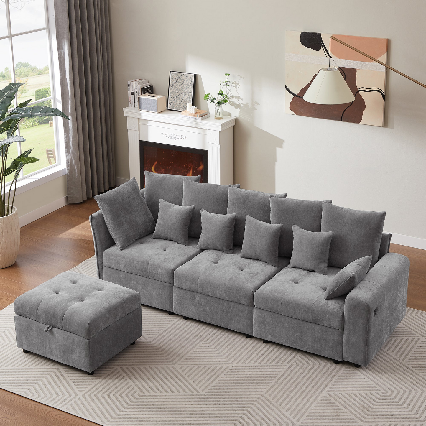 96.45"Sectional sofa Modular Sofa Couch with Three USB Ports, a Removable Storage Ottoman and Five Back Pillows for Living Room, Grey