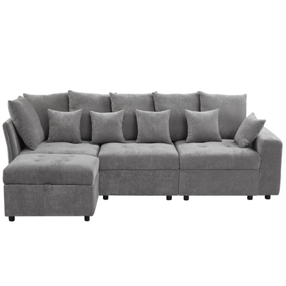 96.45"Sectional sofa Modular Sofa Couch with Three USB Ports, a Removable Storage Ottoman and Five Back Pillows for Living Room, Grey