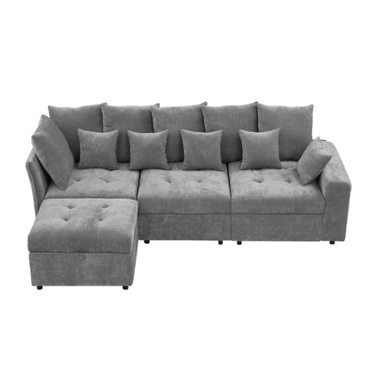 96.45"Sectional sofa Modular Sofa Couch with Three USB Ports, a Removable Storage Ottoman and Five Back Pillows for Living Room, Grey