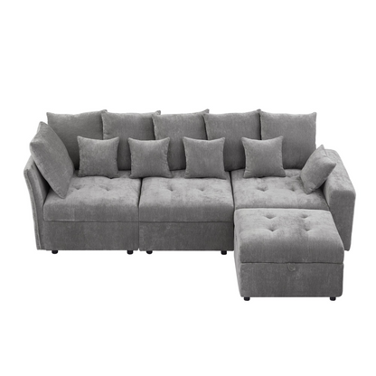 96.45"Sectional sofa Modular Sofa Couch with Three USB Ports, a Removable Storage Ottoman and Five Back Pillows for Living Room, Grey