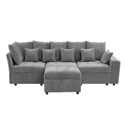 96.45"Sectional sofa Modular Sofa Couch with Three USB Ports, a Removable Storage Ottoman and Five Back Pillows for Living Room, Grey