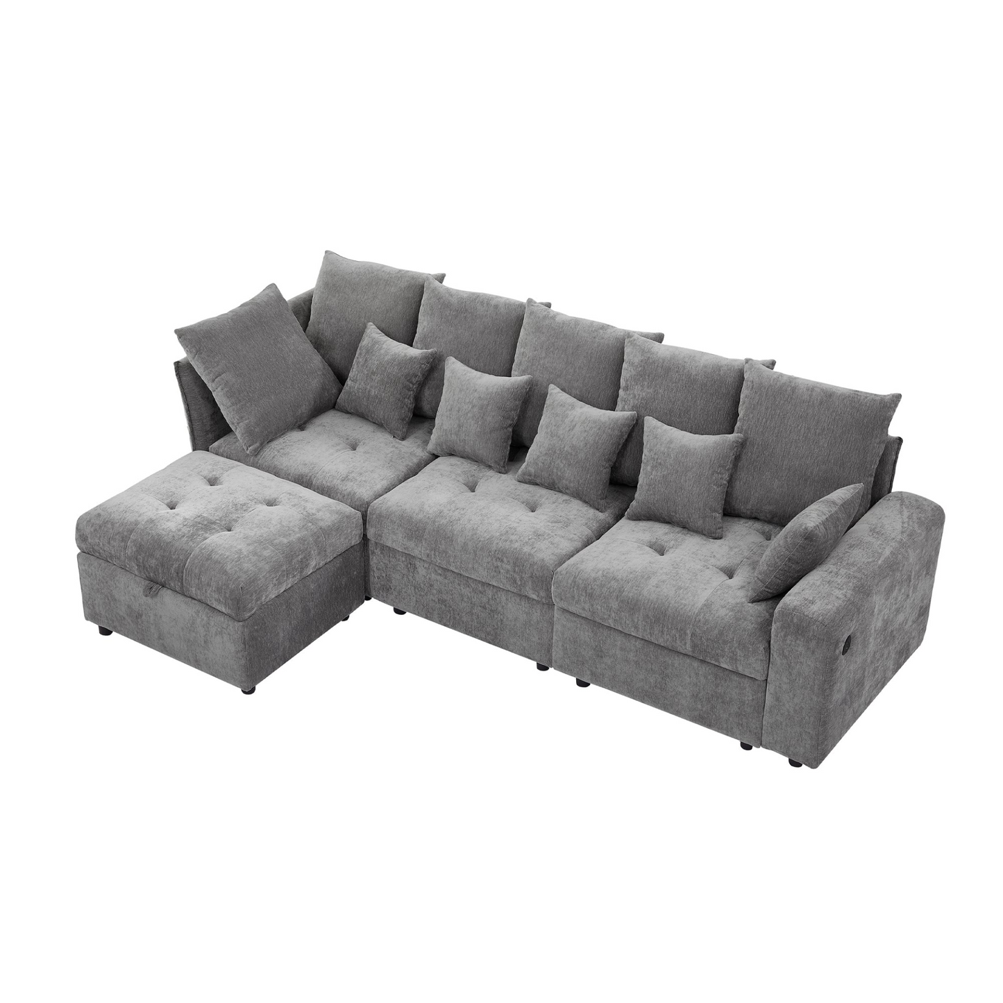 96.45"Sectional sofa Modular Sofa Couch with Three USB Ports, a Removable Storage Ottoman and Five Back Pillows for Living Room, Grey