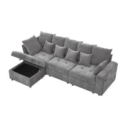 96.45"Sectional sofa Modular Sofa Couch with Three USB Ports, a Removable Storage Ottoman and Five Back Pillows for Living Room, Grey