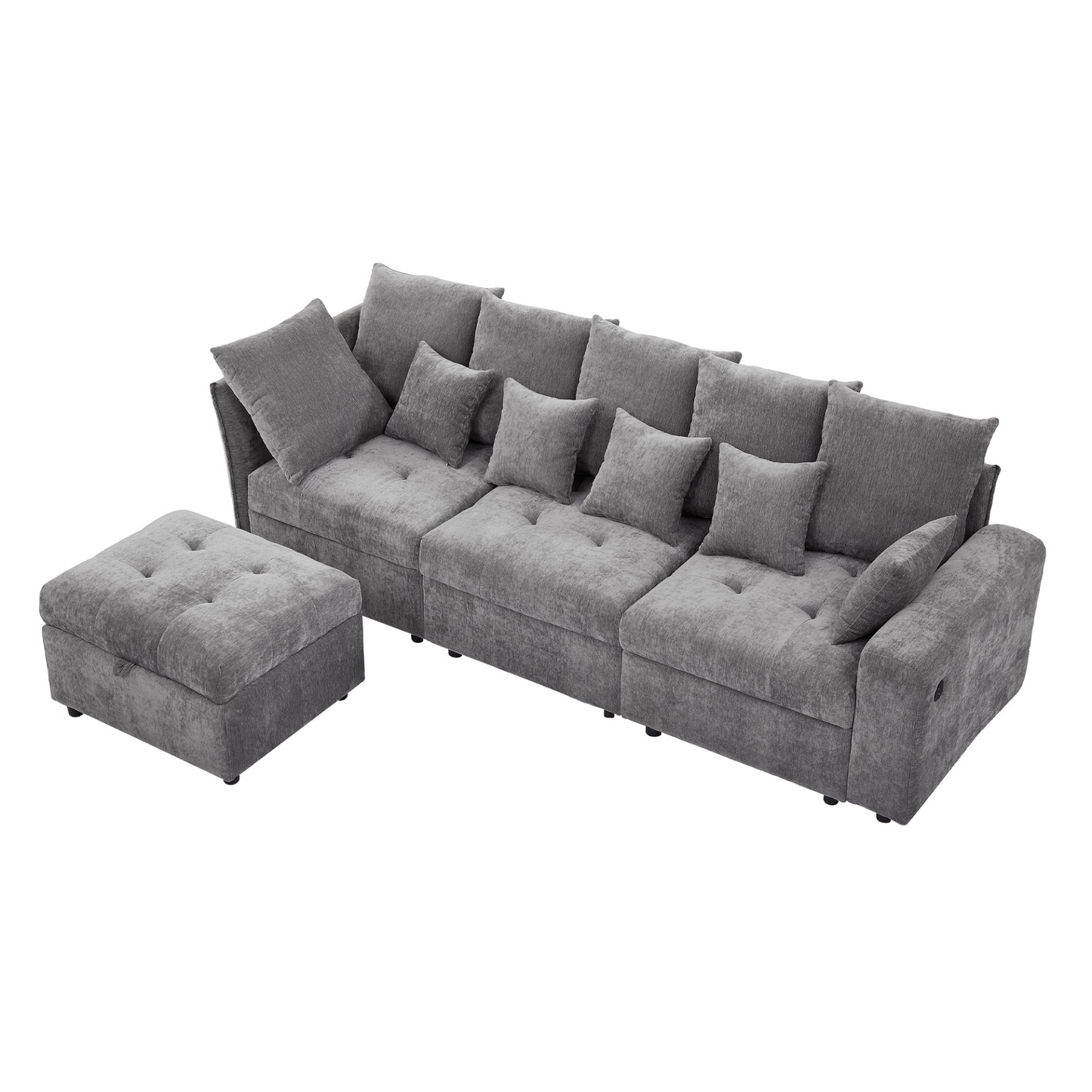 96.45"Sectional sofa Modular Sofa Couch with Three USB Ports, a Removable Storage Ottoman and Five Back Pillows for Living Room, Grey